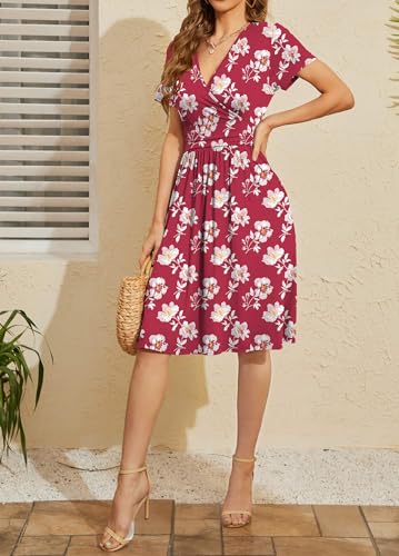 Image of WEACZZY Women's Summer Short Sleeve Casual Dresses V-Neck Floral Party Dress with Pockets
