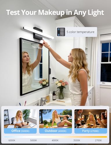 Image of Combuh Black Plug in Vanity Light Bar Corded for Bathroom Lighting Fixture No Wiring, 16Inch 5 Colors Adjustable Dimmable Modern Bright Daylight Mirror Lamp for Wall Dressing Room Makeup (with Plug)