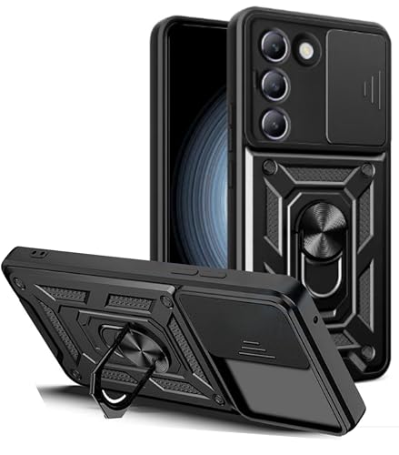 Image of SPAZY CASE Vivo T3 5G Back Case | Heavy Duty Hybrid Case with 360 Degree Rotating Finger Ring Holder + Slider Shutter Camera Protection Cover for Vivo T3 5G 5G - Black