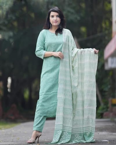 Image of ANNI DESIGNER Women's Cotton Blend Printed Straight Kurta with Pant & Dupatta