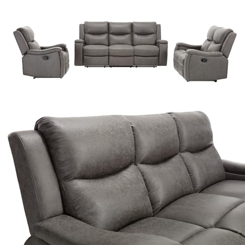 Hoclauho Polstergarnitur 3-teilig mit 5 Relaxfunktionen, Sofa Set mit Liegefunktion & verstellbaren Sitzen, grau, Moderne Wohnlandschaft für Wohnzimmer
