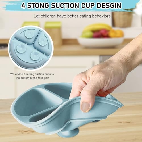 Image of BabyGo Silicone Suction Plates for Baby Microwave,Dishwasher, Freezer Safe Unbreakable with 4 Suction Cup Feeding Plate for Baby & Toddlers, BPA Free (Blue)