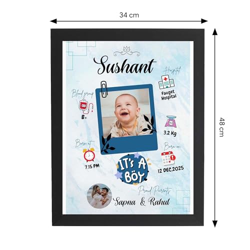 Image of ASHVAH Customized Collage New Born Baby Photo Frame with Photo Upload for Boy with Parents and Birth Details - A3 Size, 13x19 Inch