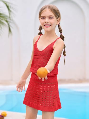 Image of Haloumoning Girls Sleeveless Crochet Swimsuit Cover Up Kids Summer Hollow Out Knitted Beach Dress 7-14 Years
