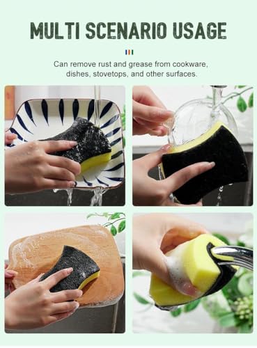 Image of Kitchen Cleaning Sponge - Scrub Sponge Kitchen, with black Scouring Pad, Pack of 10, Double-Sided Material, Double Side Effect, Polyester and Sponge, yelow /black