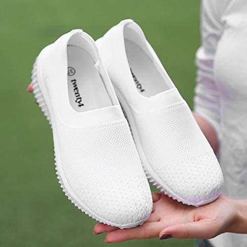 Women's Athletic Walking Driving Shoes Casual Mesh Comfortable Sneakers Loafers Slip On Flats Tennis Trainer Shoes (US:5, White)