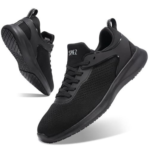 SPIEZ Non Slip Shoes for Men?Waterproof Slip On Food Service Work Shoes for Kitchen Restaurant, Black US 7.5-12