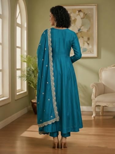 Image of Yashika Women's Silk Blend Embroidered Anarkali Kurta Set with Dupatta | Full Length Ethnic Wear for Women | Wedding