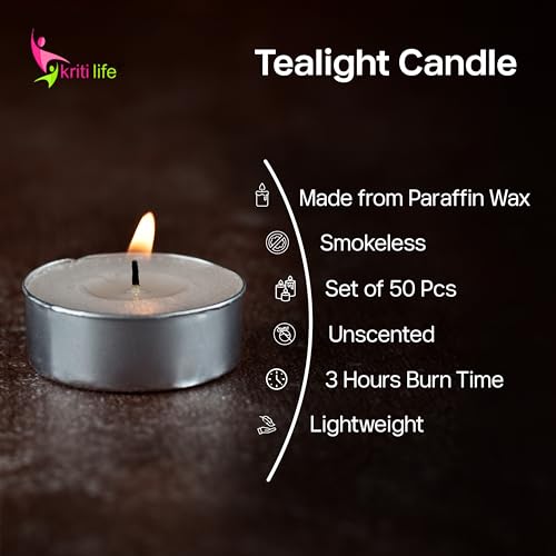 Image of Kriti Life Tealight Candles - 100% Paraffin Wax, Smokeless & Unscented, Long Burn 3 Hours, Set of 50 Pcs, Dripless White Candles for Home Decor, Diwali, Weddings, Meditation