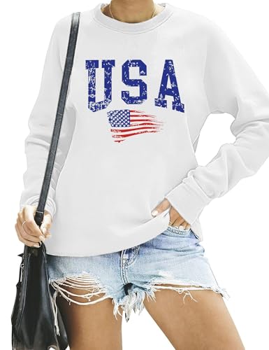 Image of LAZYCHILD USA Sweatshirt Women American Flag Shirt Patriotic TShirt Stars Stripes Pullover 4th of July Tee Tops