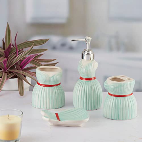 Image of SaSaSa Ceramic Bathroom Accessories Set of 4 Modern Bath Set with Soap Dispenser & Toothbrush Holder, Luxury Home & Gift Idea, Blue (9894)