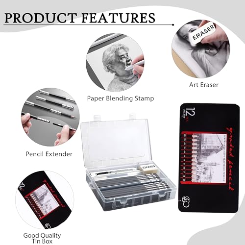 Image of DaKos Professional Sketching Pencil Set for Artists - Complete Drawing Kit with Graphite Pencils Set & Carry Box, Art Supplies for Shading & Sketching with Pencil Set in Tin Box (34 Pcs)