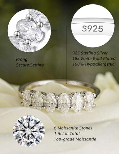 IMOLOVE Moissanite Wedding Bands for Women, Dainty 6 Stone Oval Eternity Wedding Band 1.5 Carat Everyday Fashion Silver Moissanite Rings for Women with 18K White Gold Plated Size 5-112