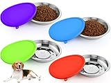 Patelai 4 Sets Stainless Steel Dog Bowls with Silicone Lids Portable Food and Water Dishes with Non Slip Bases for Pets Sealable Containers for Small Medium Dog Cat Indoor Outdoor, Red and Purple