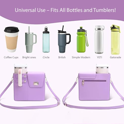Image of House of Quirk Outdoor Portable Crossbody Tumbler Holder Bag with Purse Compartment - Travel Water Bottle Carrier for Hiking, Walking, Camping (Mauve)