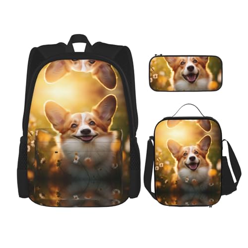nanger Corgi Floral Flowers Print 3-Piece Set Backpack, Lunch Bag And Pencil Case, For Travel, College, And Daily Use