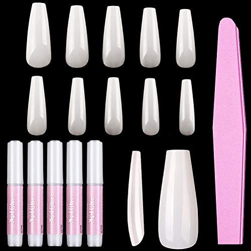 Coffin Nail Tips Fake Nails - Sanluba 500Pcs Acrylic Nails Long Press On Nails Ballerina False Nails with 5Pcs Glues Full Cover Nails for Acrylic Nail/Dip Powder Nails/Poly Gel Nail Extension/Gel Nail