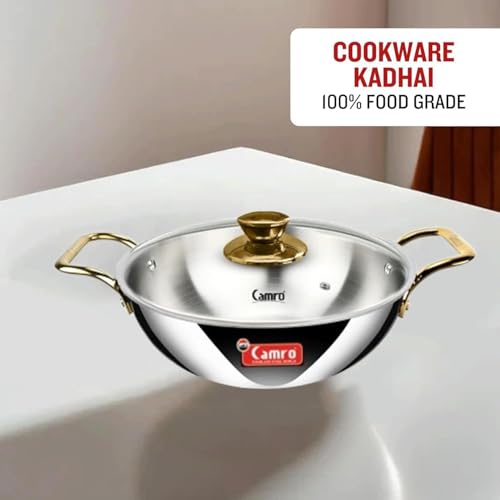 Image of Camro Triply Artisian Kadhai with Glass Lid 5.8 litres| Stainless Steel Kadai for Deep Frying | Kahai for Cooking Induction Base | Cookware Golden Handle Kadai | Gas Stovetop Compatible