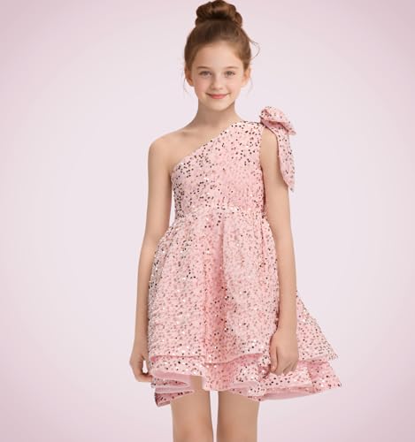 Sequined Flower Girl Dress Short Girls One Shoulder Wedding Party Gown A Line Sparkly Dresse for Teens3