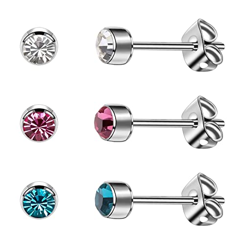 Artskin 3 Pairs/Set Womens Stud Earrings Titanium Girls Earrings Hypoallergenic Crystal Mens Studs 4mm Nickel Free Silver Plated Earring Studs