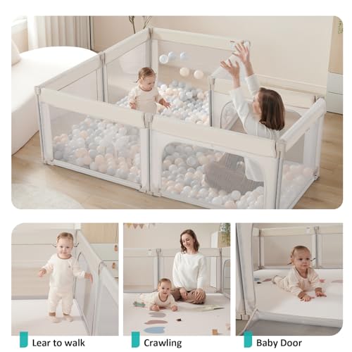 Image of Doradotey 8-Panel Foldable Baby Playpen for Toddlers 1-3, Adjustable Shape Large 59 inchx59 inch Indoor Playard, No Tools Assembly, 360 Breathable Mesh, Separate Washable Panels Safety Fence,Beige