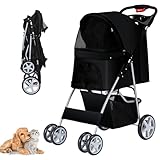 Azaeahom Pet Stroller 4 Wheels Dog Cat Stroller for Medium Small Dogs Cats, Folding Cat Jogger Stroller with Storage Basket & Breathable Mesh, Easy to Walk Travel Carrier, Black