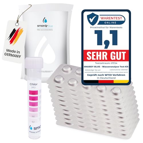 smardy 120 Pastillas de Prueba Rápida para Agua Potable, Acuario, Piscina - 60x Phenol Red (Valor de PH) y 60x DPD1 (Cloro libre) Tabletas de Prueba con 1x Tubo de Ensayo de Plástico