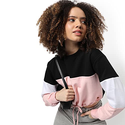 Image of Campus Sutra Women Pink & Black Cinched Waist Regular Fit Sweatshirt for Winter Wear | Round Neck | Full Sleeves | Cotton Sweatshirt | Casual Sweatshirt for Woman | Stylish Sweatshirt for Womens