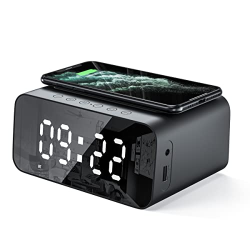 Signstek Despertador Digital de Carga inalámbrica con Pantalla LED, Compatible con Bluetooth, Modo de Radio,Puerto de Carga USB, Color Negro Cover