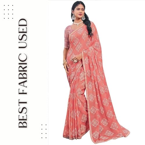 Image of Laxmipati Sarees Women's Floral Printed Chiffon Saree in Peach Color with unstitched Blouse Material - Suitable For All Indian Occasions and Festivals