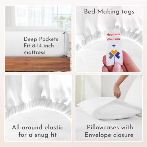 Image of California Design Den 100% Cotton Pack of 2 Sheets for King Size Bed, Soft & Durable King Size Deep Pocket Sheet Sets, King Sheet Set with Sateen Sheets (White)