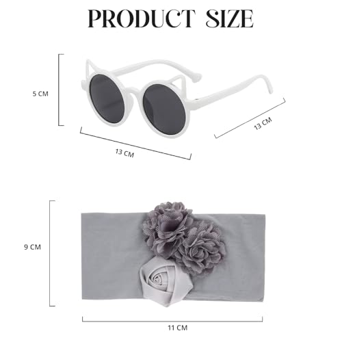 Image of SYGA Baby Rose Flower Stretchable Headband With Uv Protection Cat Type Sunglasses Stylish Combo For Toddlers And Kids (Grey, White)