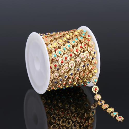 UMAOKANG 9.8 Feet Gold Plated Stainless Steel Chains for Jewelry Making Colorful Enamel Sunflower Decorative Craft Chain Roll