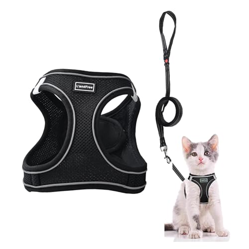 L'andFree 猫 猫用 ハーネス リード 4重ロック 抜けない リード付きハーネス 小型犬 犬 ねこ ネコ 子猫 散歩 お出かけ 夜反射 ソフト胸あて 軽量 装着簡単 サイズ調節可 通気 メッシュ(M ブラック)