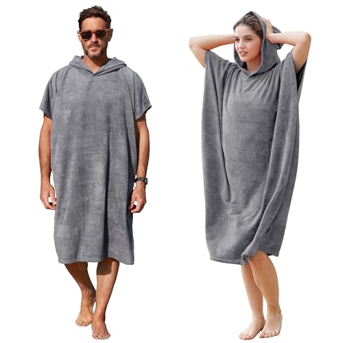 Kato Tirrinia Surf Poncho Hooded Changing Towels Quick Dry Beach Change Robe for Adults Men Women Waterproof and Sandproof Bathrobe for Surfing Swimming Bathing Oversized Grey