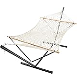 SUPERJARE 12ft Double Hammock with Stand, Soft Rope Hammock for 2 Person, Portable Heavy Duty Stand, Anti-Tip Safety Ropes, Natural Wood Spreader Bar, Outdoor Backyard Patio Camping, Beige