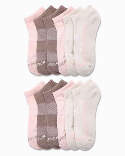 Image of Nautica Womens No Show Socks Moisture Wicking Low Cut Ankle Socks, 12 Pack | Moisture Wicking Dri-Motion Fabric, Cushioned Key Areas, Banded Arch Support, No Show Low Cut, Shoe Size 4-10