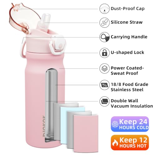 Image of BJPKPK 18 oz Water Bottle with Straw & Handle, Insulated Stainless Flask | Leak Proof Locking Lid, Thermal, Double Wall Vacuum, Keeps Hot /Cold, BPA Free, Dishwasher Safe, Travel & Sports, Light Pink
