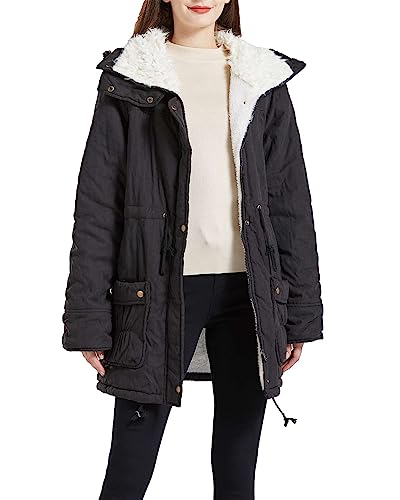 MEWOW Women's Winter Mid Length Thick Warm Faux Lamb Wool Lined Jacket Coat (L, Black)