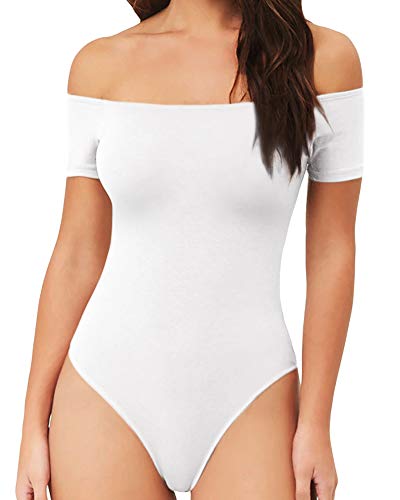 MANGOPOP Womens Off Shoulder Short Sleeve Long Sleeve Tops T Shirt Bodysuit Jumpsuit (C Short Sleeve White, X-Small)