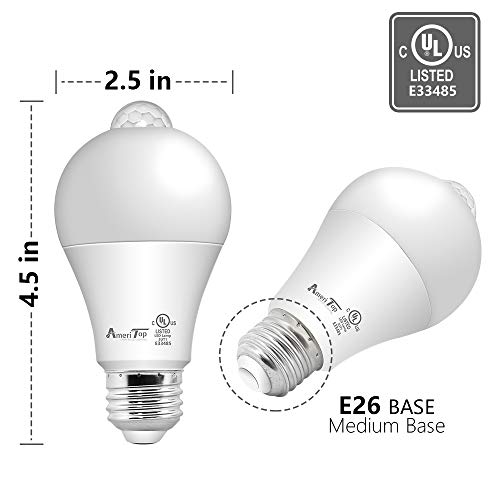 Ameritop Motion Sensor Light Bulb- 2 Pack, 10W(60W Equivalent) 806Lm Motion Activated Dusk To Dawn Security Led Bulb; Ul Listed, A19, E26, Auto On/Off Indoor Outdoor Lighting (2700K Soft White) #TOP4