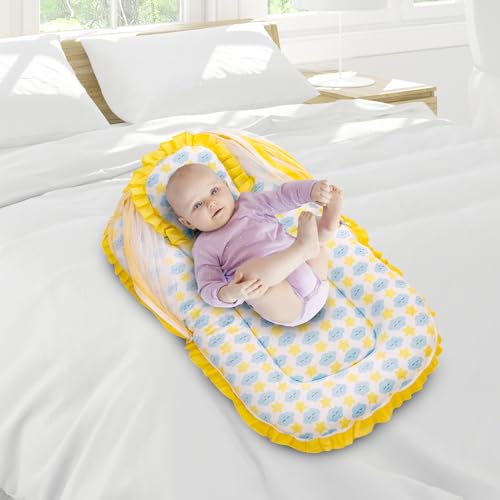 Image of Mee Mee Soft Bed Mattress Set | with Mosquito Net, Neck Pillow & Zip Closure | 100% Cotton Newborn Baby Bedding | with Attractive Clouds & Star Prints | for 0+ Months