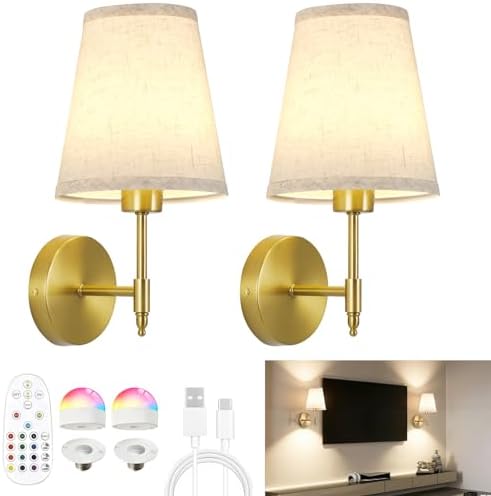Brass Battery Operated Wall Sconces Set of Two with Remote,Wirele...