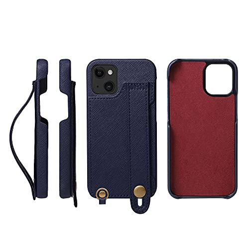 iPhone13 mini ケース Handy ハードケース PUレザー 耐衝撃 スタンド機能 ハンディベルト ハンドメイド ストラップホール ストラップリング カードポケット 青 紺 ネイビー H6-13Mini-Navy