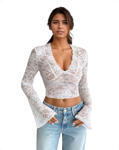 EMOTTOS Top Crop Donna Y2K, Sexy Maglia di Pizzo Floreale