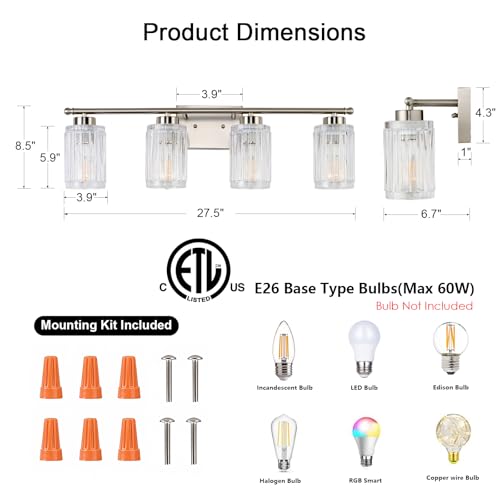 Image of 4 Light Bathroom Light Fixtures Modern Brushed Nickel 28 Inch Vanity Lights for Bathroom Lighting Fixtures Over Mirror with Thickened Glass Shade for Cabinet Mirror Bedroom Hallway