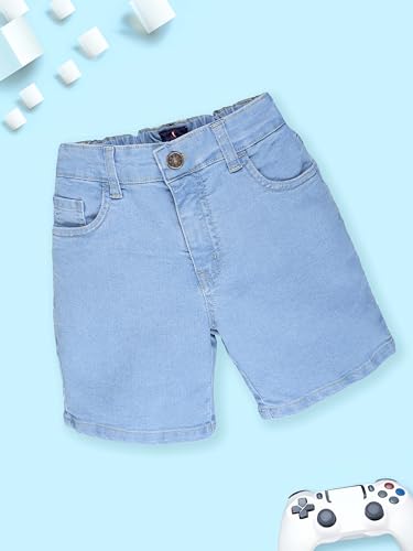 Image of KiddoPanti Boys Knee-Length Denim Shorts | Stretchable Cotton Poly Denim | Comfortable Fit with Button Elasticated Waistband & Zip Fly
