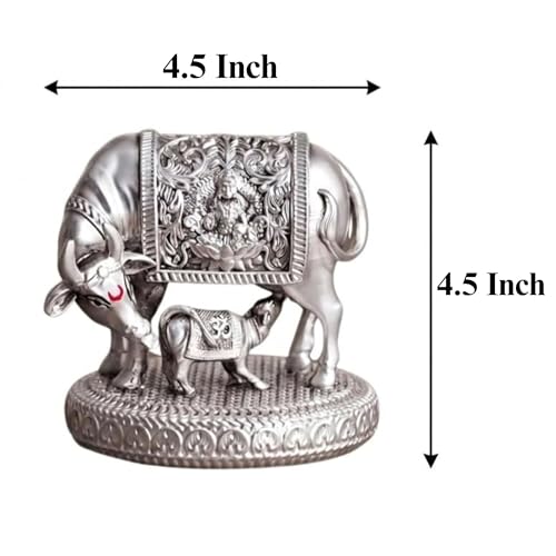 Image of ARNAVIRA 999 Silver Plated Antique Vastu Kamdhenu Cow with Calf Idol with Lakshmi Remedy for Wedding & Housewarming Gift | Pooja Room Height 4.5 Inch (Silver Antique, Large, Kamdhenu Cow 01)