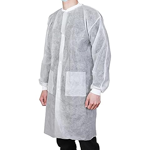 Greenour Case of 100 Disposable Lab Coats for Adult with Knitted Cuffs and Collar, 2 Pockets White Long Sleeves Lab Jackets Durable (Large) Cover