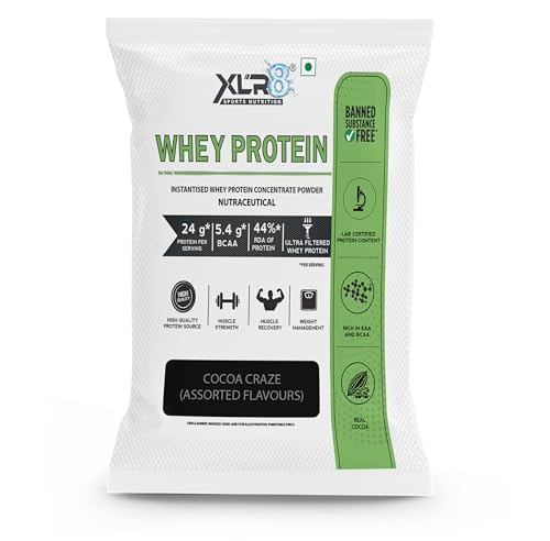 Image of XLR8 Whey Protein Powder with 24 g Protein Content & 5.4 g BCAA, (Cocoa Craze, 136 g (Pack of 4))